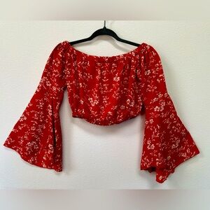 Off-Shoulder Crop Top W/Flowy Sleeves, Red W/ White Florals Boho Size Medium